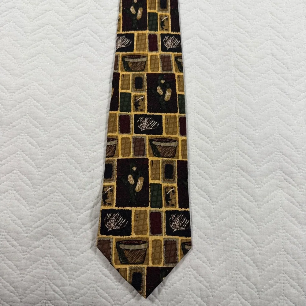 JZ Richards Mens‎ Silk Necktie Geometric Pattern Burgundy Gold Green Brown